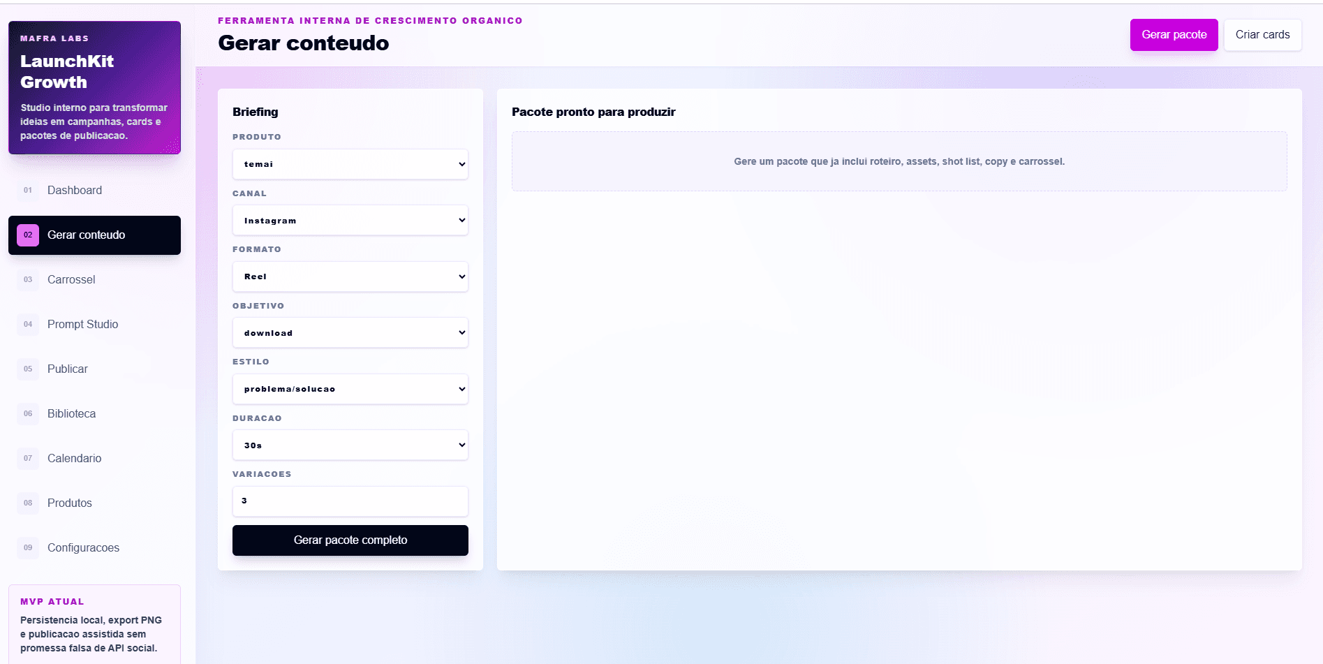 LaunchKit Growth tela de gerar conteudo com briefing, pacote pronto para produzir e formulario.