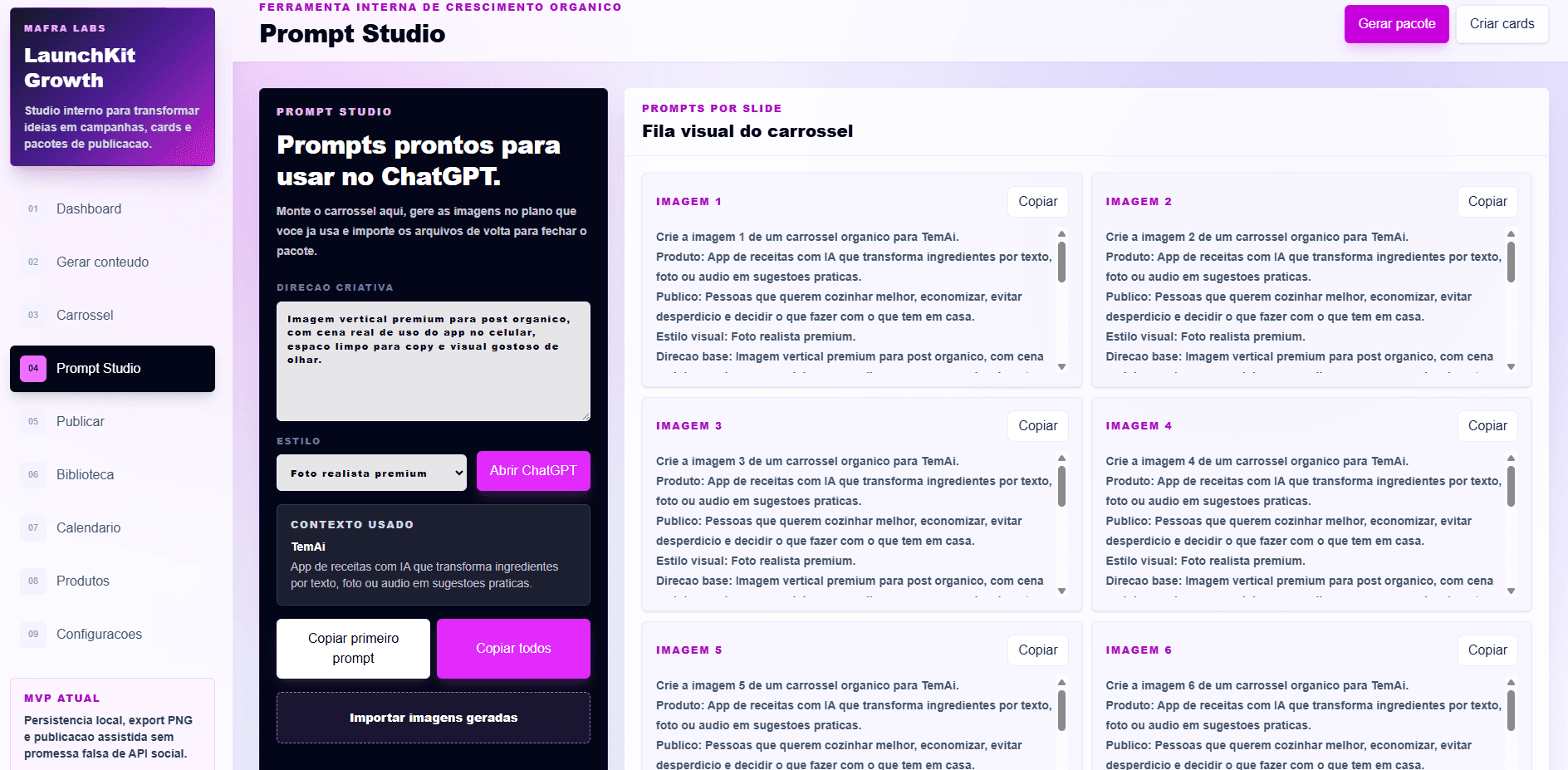 LaunchKit Growth prompt studio com direcao criativa, prompts por slide e importacao de imagens.