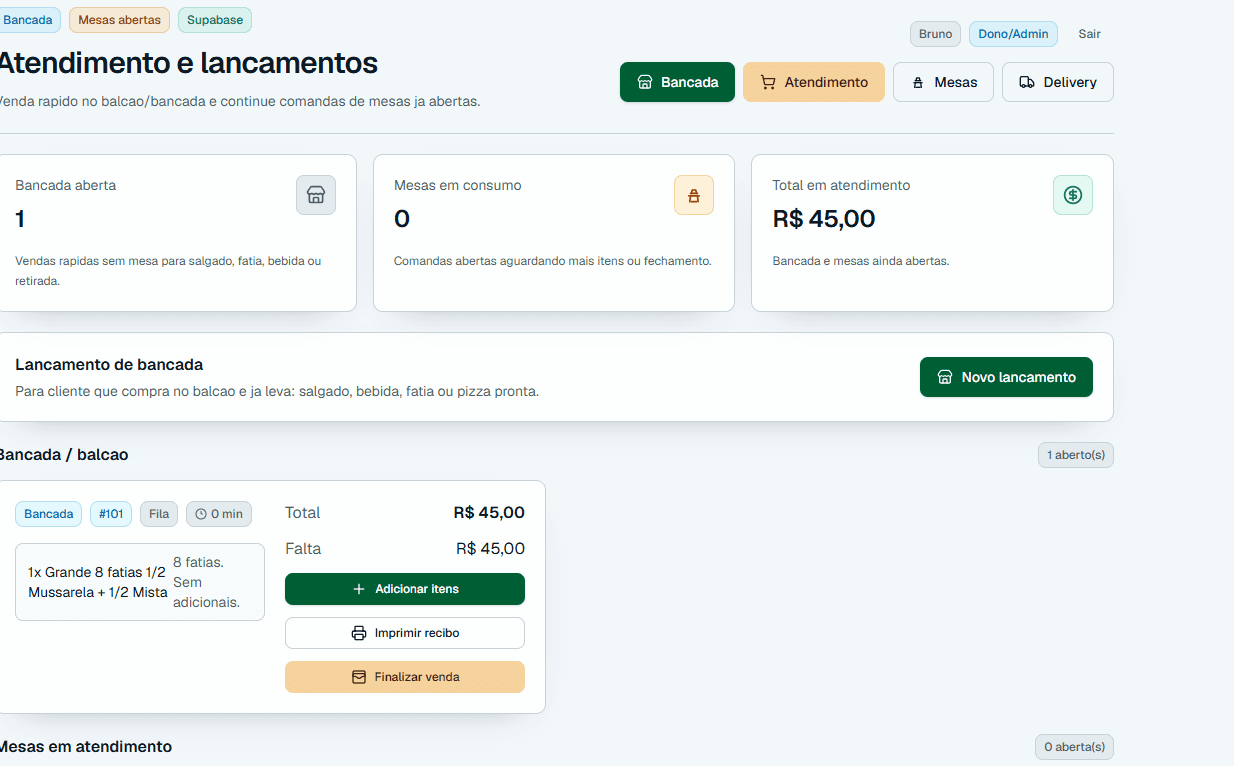 Mise atendimento com pedido de bancada aberto, total, saldo pendente e ações para adicionar itens, imprimir recibo e finalizar venda.
