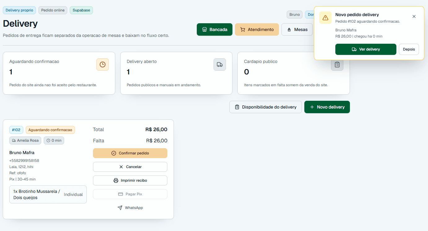 Mise painel de delivery recebendo pedido online aguardando confirmação, com ações de confirmar, cancelar, imprimir recibo e abrir WhatsApp.