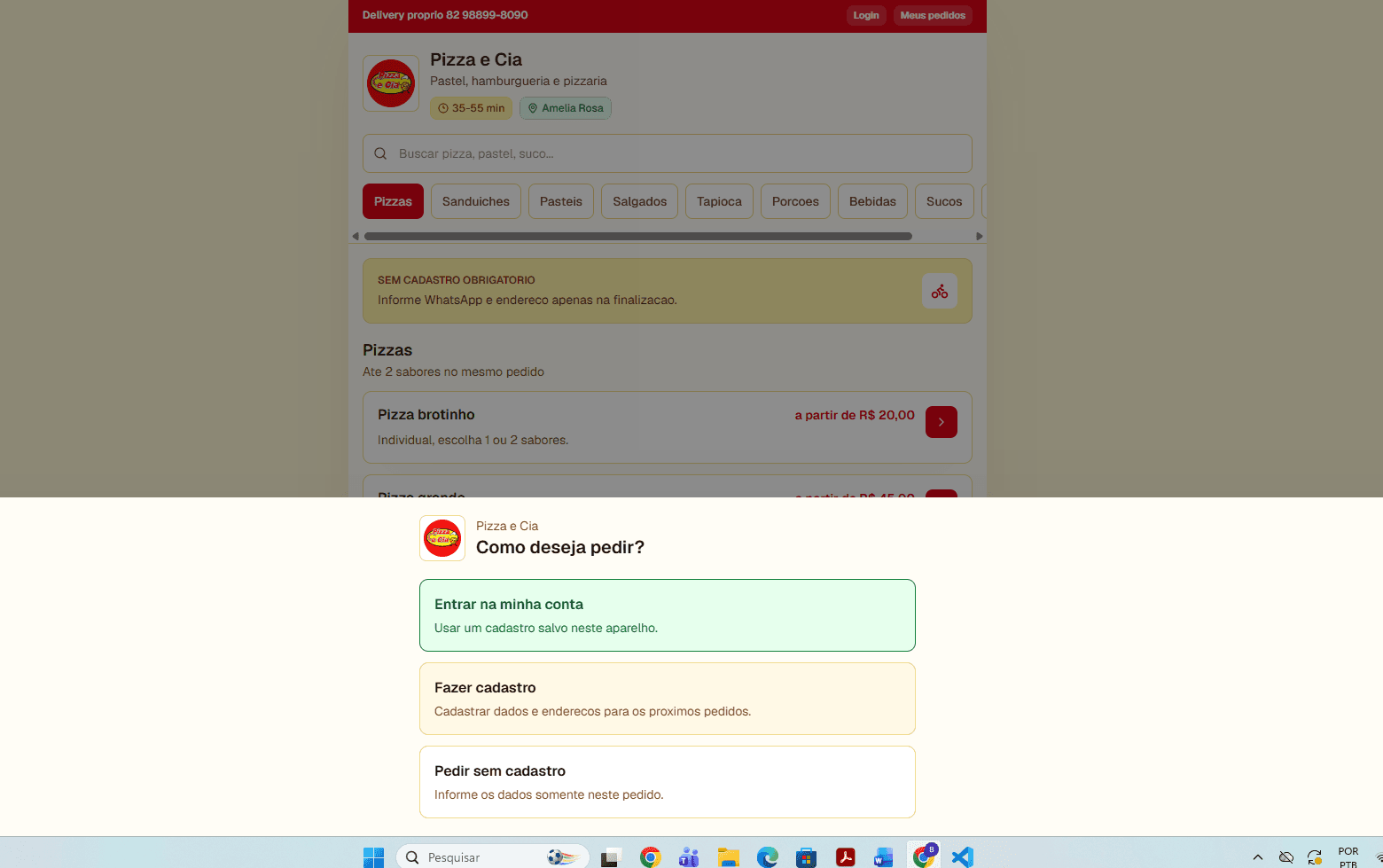 Site de delivery próprio do Mise em visual mobile com cardápio, categorias e escolha entre conta, cadastro ou pedido sem cadastro.