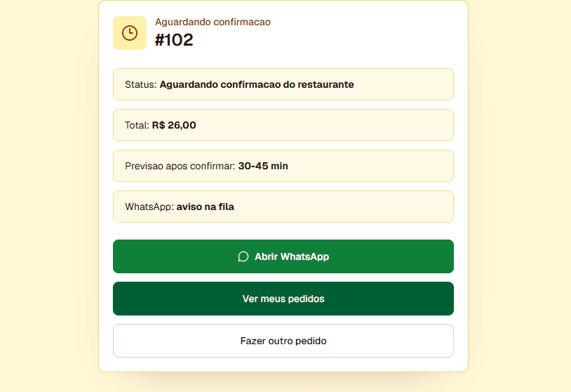 Pedido no delivery próprio aguardando confirmação do restaurante, com total, previsão, WhatsApp e opção de acompanhar pedidos.