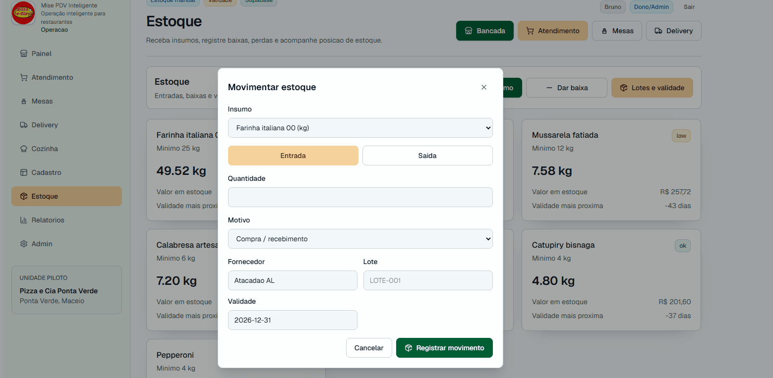 Mise estoque com modal de movimentação para entrada, saída, fornecedor, lote e validade de insumos.