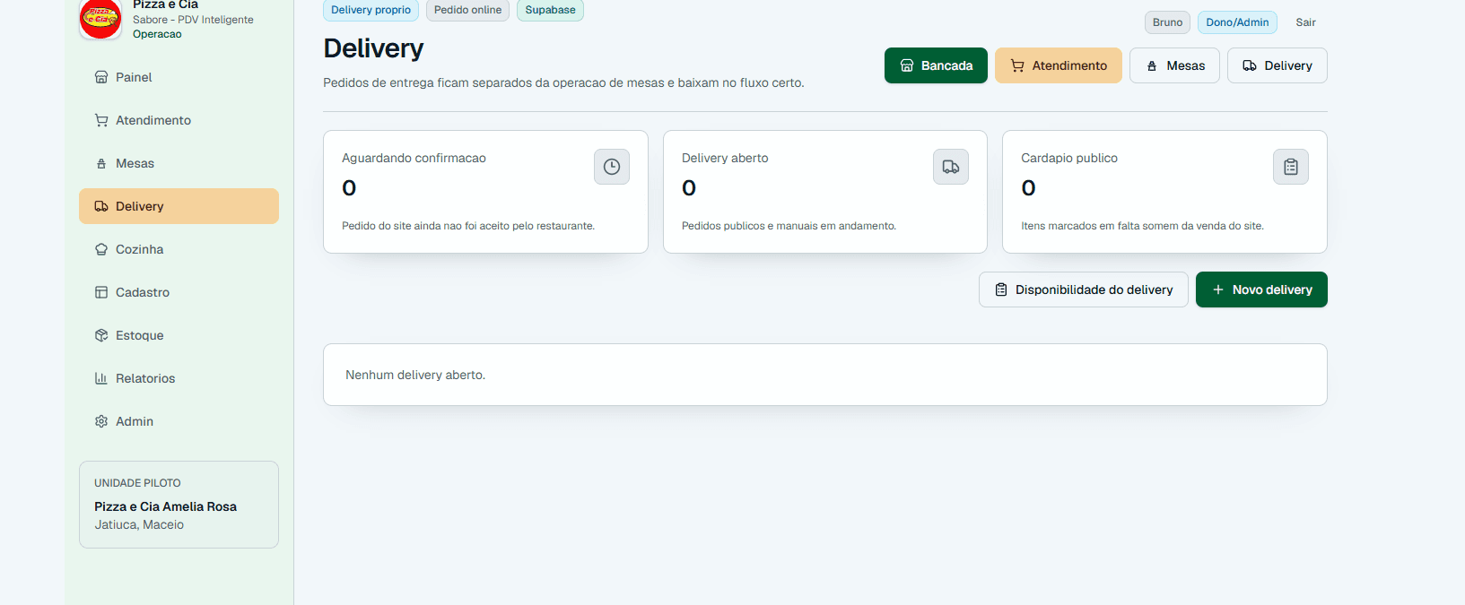 Sabore PDV Inteligente tela de delivery com pedidos, disponibilidade e novo delivery.