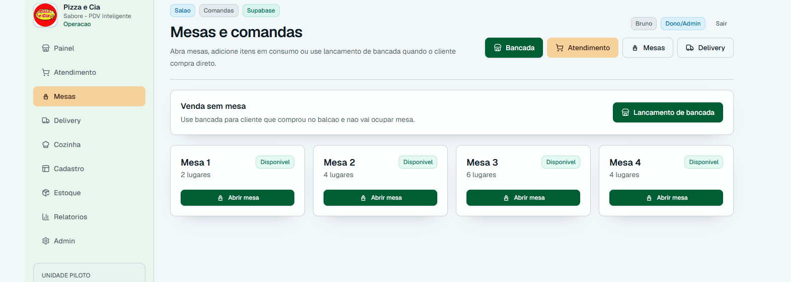 Sabore PDV Inteligente tela de mesas e comandas com venda sem mesa e lancamento de bancada.