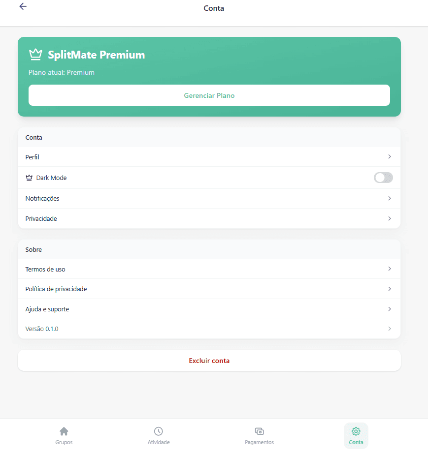 Tela de conta do SplitMate com plano Premium, preferências e configurações.