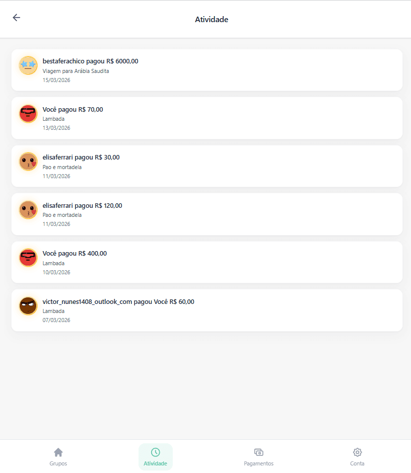 Tela de atividade do SplitMate com histórico de pagamentos em grupos.
