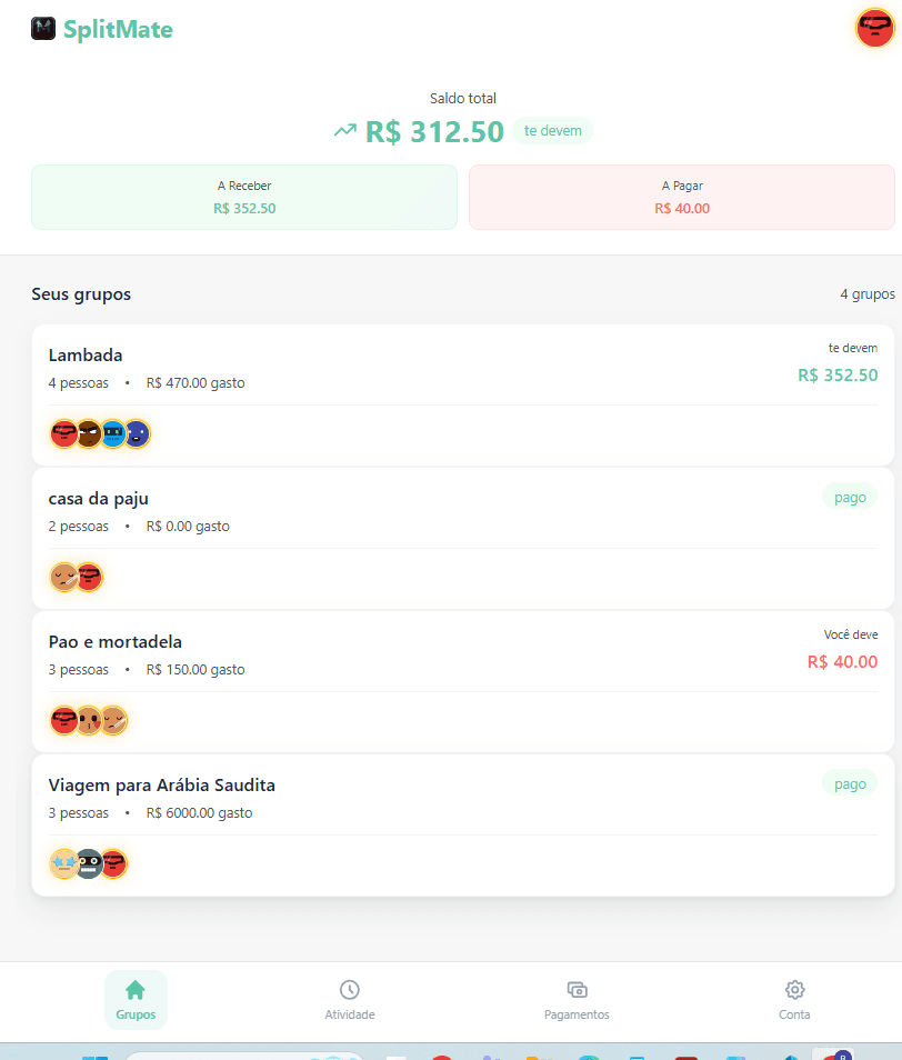 Tela de grupos do SplitMate com saldo total, valores a receber e pagar e lista de grupos.
