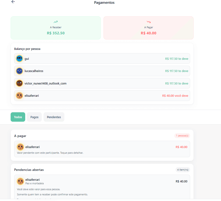 Tela de pagamentos do SplitMate com balanço por pessoa, pendências e valores em aberto.