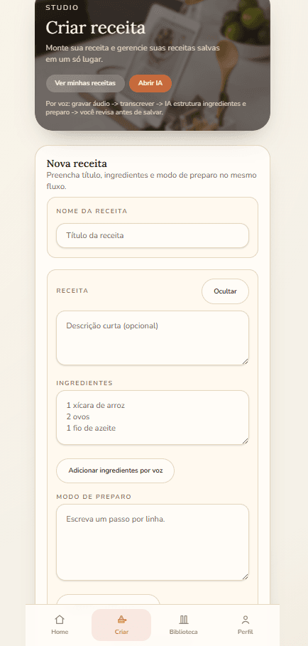 TemAi tela de criar receita com formulário, ingredientes e modo de preparo.