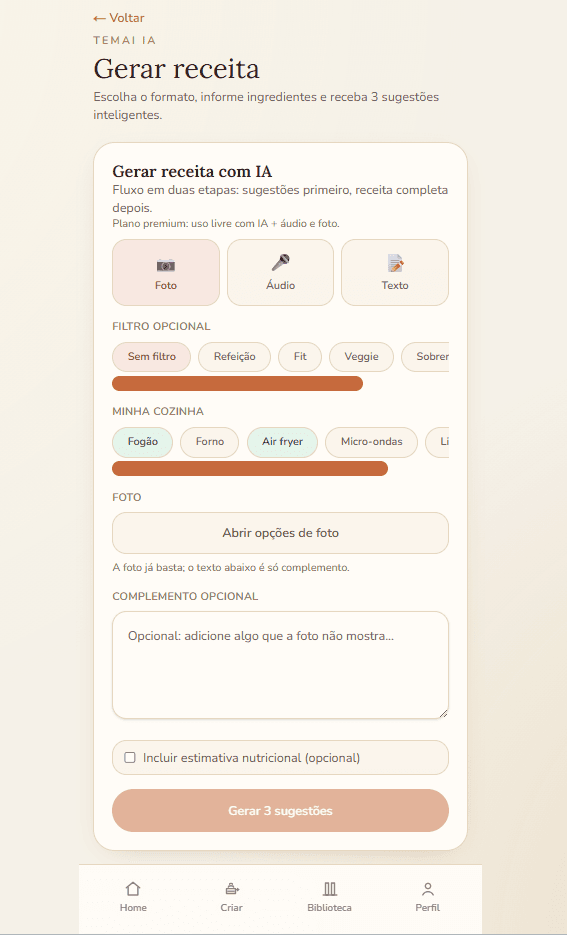 TemAi tela de gerar receita com foto, áudio ou texto, filtros e cozinha.