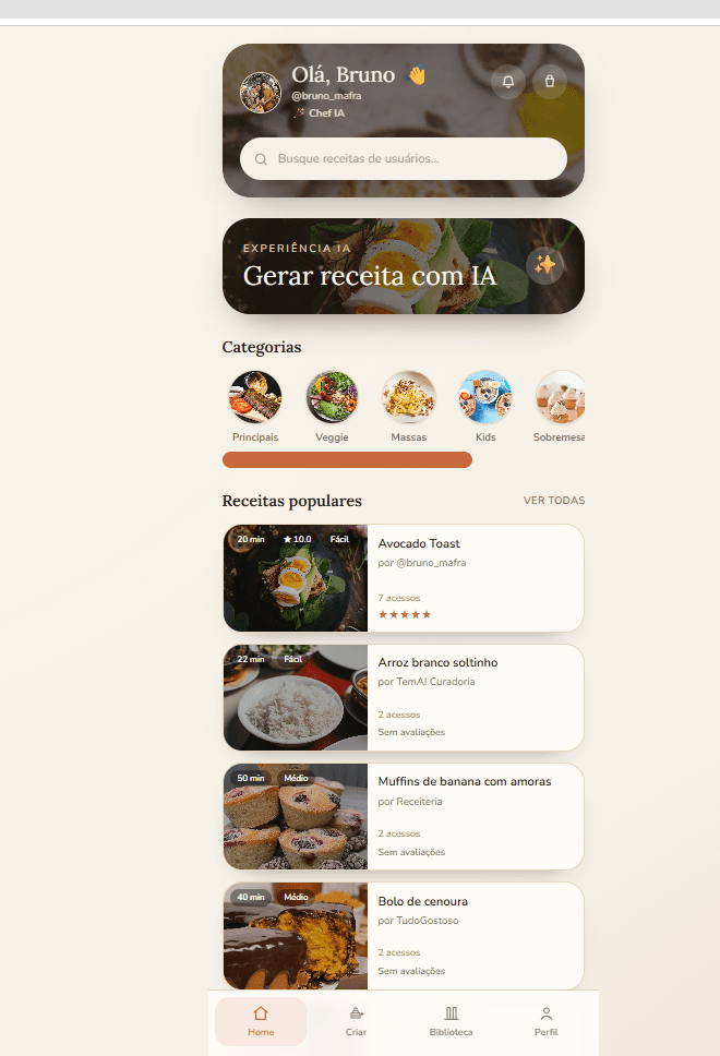 TemAi home com saudação, busca, experiência IA, categorias e receitas populares.