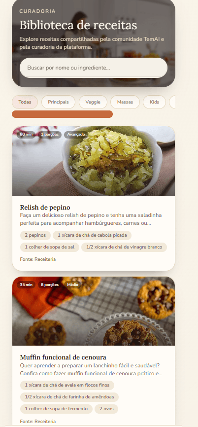 TemAi biblioteca de receitas com busca, filtros e cards de receitas compartilhadas.