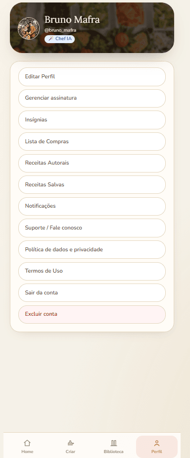 TemAi perfil com opções de conta, assinatura, lista de compras, receitas e suporte.
