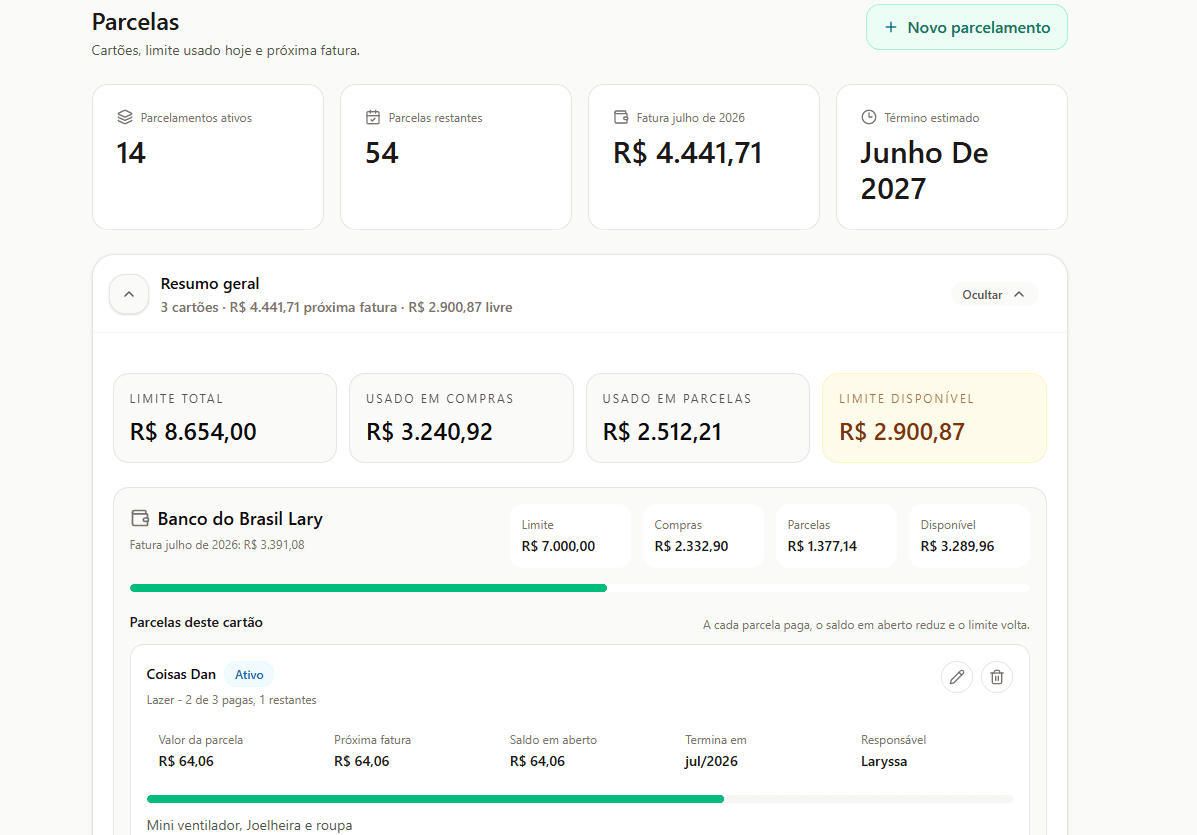 Together tela Parcelas com resumo de parcelamentos ativos, fatura futura, limite disponível e parcelas por cartão.