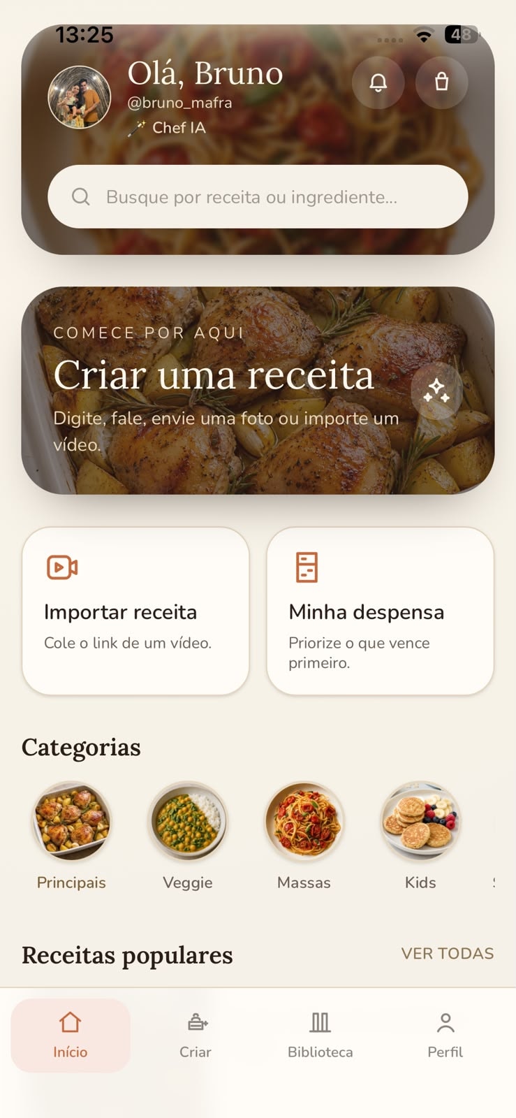 TemAi home com saudação, busca, experiência IA, categorias e receitas populares.